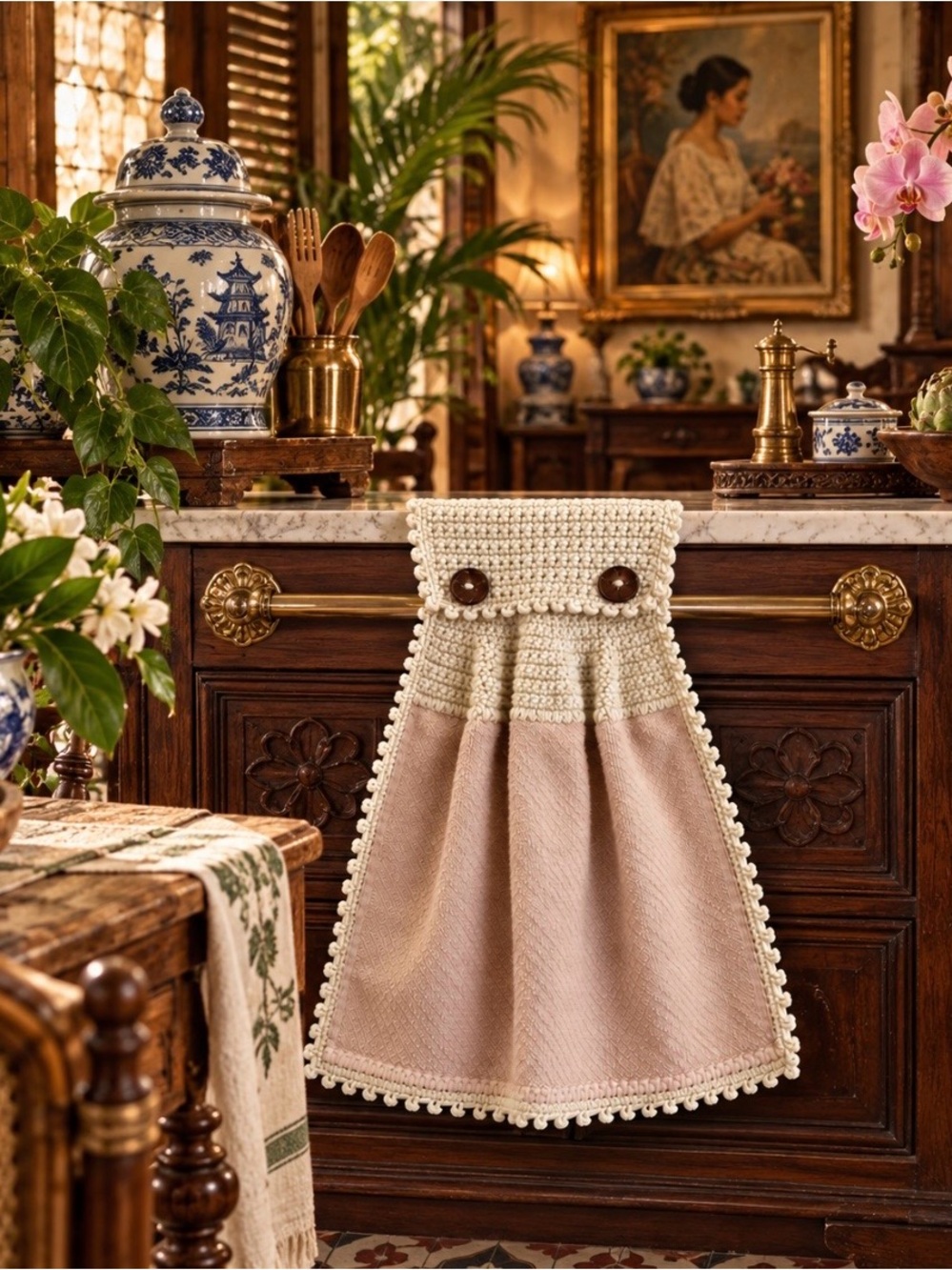 Handmade Neutral Beige Crochet Hanging Kitchen Towel